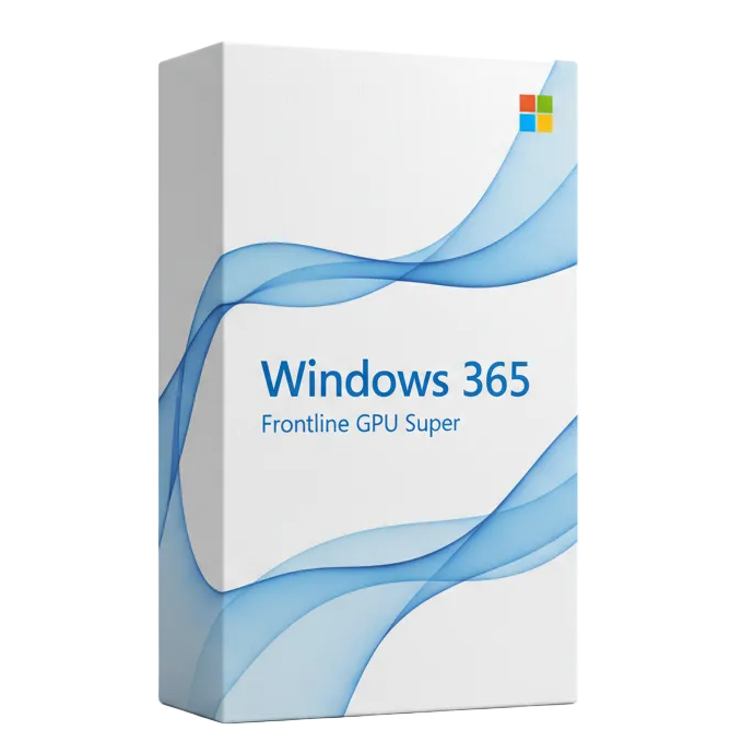 Realistic 3D enterprise software box for Windows 365 Frontline GPU Super.
Tall premium software packaging, white with subtle Microsoft blue wave accents.
Microsoft logo top right, centered Windows 365, subtitle Frontline GPU Super.
Fluent-style typography, soft studio lighting, white background, enterprise-grade look.