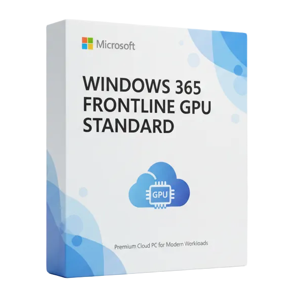 3D enterprise software box, Windows 365 Frontline GPU Standard, Microsoft Fluent design, white and blue, clean corporate packaging, soft lighting, premium SaaS product render, white background.