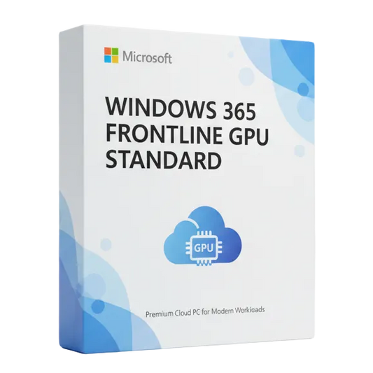 3D enterprise software box, Windows 365 Frontline GPU Standard, Microsoft Fluent design, white and blue, clean corporate packaging, soft lighting, premium SaaS product render, white background.