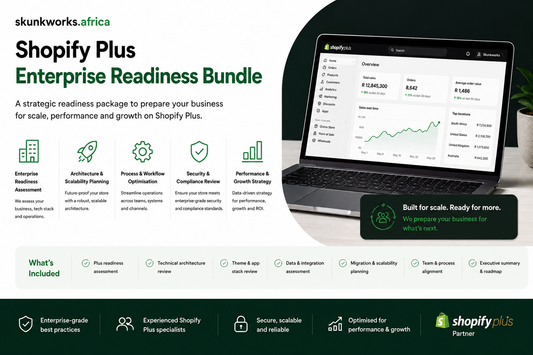 Skunkworks Africa Shopify Plus Enterprise Readiness Bundle promotional graphic showing a Shopify Plus dashboard, enterprise readiness assessment, architecture and scalability planning, workflow optimisation, security review, performance strategy, and migration planning.