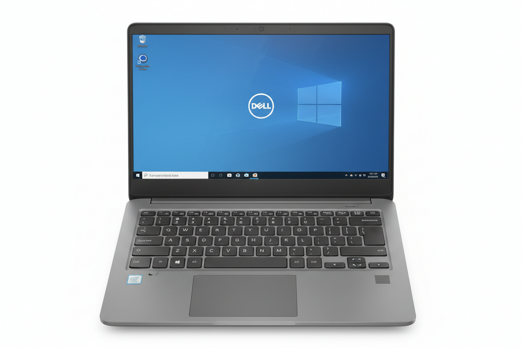 A silver Dell laptop with a black keyboard and trackpad, shown open against a solid white background. The screen displays the Windows desktop with the Dell logo visible.