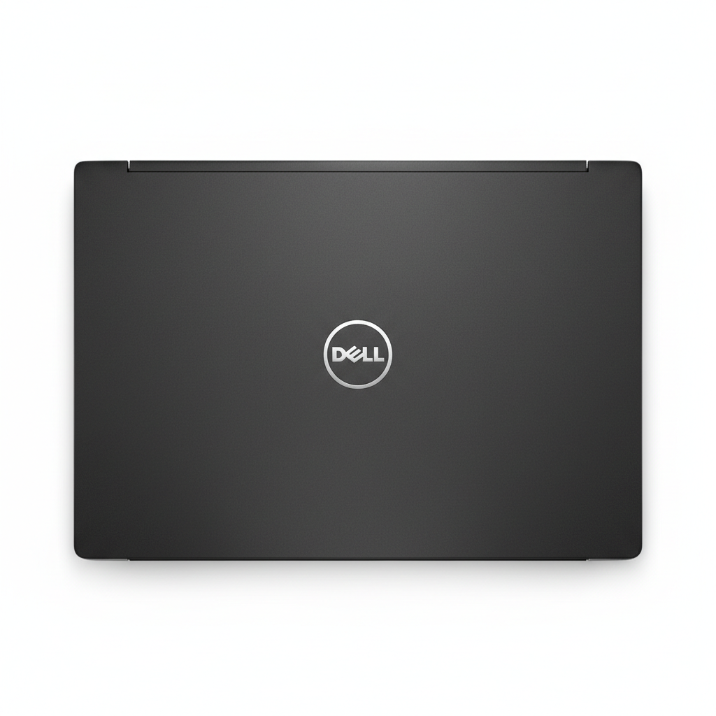 A closed Dell laptop shown from the top on a clean white background. The laptop has a matte black finish with the silver and white Dell logo centered on the lid.