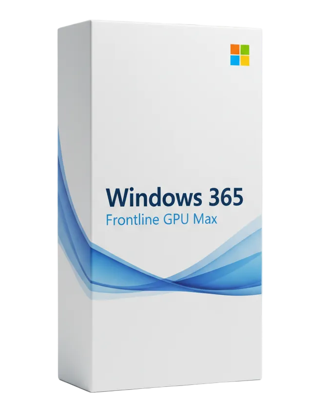Realistic 3D enterprise software box for Windows 365 Frontline GPU Max.
Tall premium software packaging, white with subtle Microsoft blue wave accents.
Microsoft logo top right, centered Windows 365, subtitle Frontline GPU Max.
Fluent-style typography, soft studio lighting, white background, enterprise-grade look.