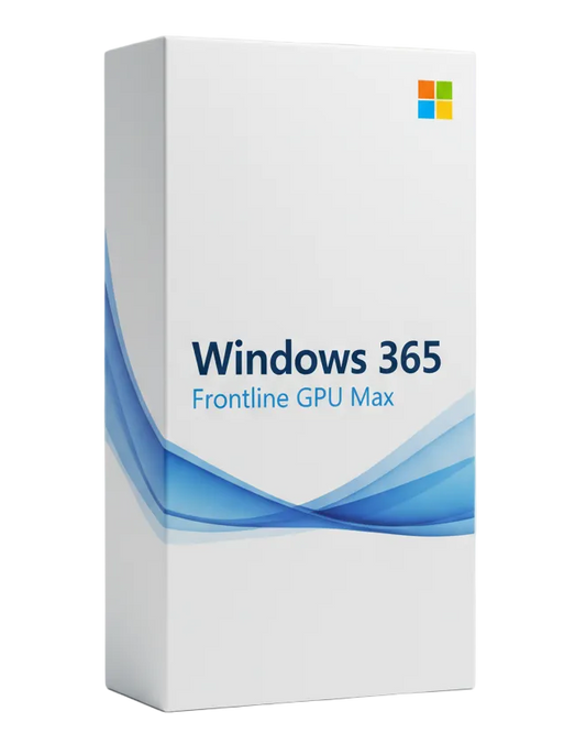 Realistic 3D enterprise software box for Windows 365 Frontline GPU Max.
Tall premium software packaging, white with subtle Microsoft blue wave accents.
Microsoft logo top right, centered Windows 365, subtitle Frontline GPU Max.
Fluent-style typography, soft studio lighting, white background, enterprise-grade look.