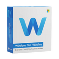 Realistic 3D enterprise software box for Windows 365 Frontline. Microsoft Fluent design, white and blue, clean corporate packaging, soft lighting, premium SaaS product render, white background.