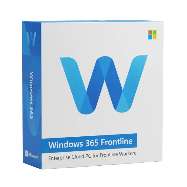 Realistic 3D enterprise software box for Windows 365 Frontline. Microsoft Fluent design, white and blue, clean corporate packaging, soft lighting, premium SaaS product render, white background.