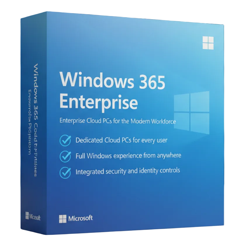 🔷 Windows 365 Enterprise
FRONT PANEL

Windows 365 Enterprise

Enterprise Cloud PCs for the Modern Workforce

✔ Dedicated Cloud PCs for every user
✔ Full Windows experience from anywhere
✔ Integrated security and identity controls

SPINE

Windows 365 Enterprise

Enterprise
Cloud PC Platform

Microsoft